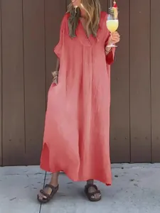 Casual coral V-neck washed cotton maxi dress with short sleeves and side pockets