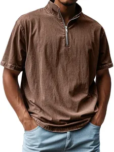 Close-up detail of men's vintage brown half-zip shirt with imitation denim texture