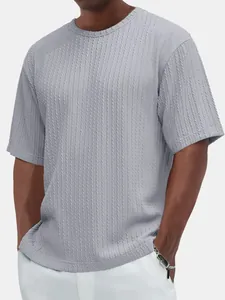 Men's Casual Crew Neck Short Sleeve T-Shirt Polyester Vertical Texture Solid Color Fashion Slim Fit Summer Top Daily Wear Clothing