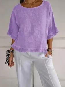Elegante camicetta da donna in cotone e lino viola con bordo a volanti e girocollo