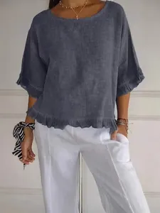 Camicetta in lino da donna vestibilità ampia con scollo rotondo e orlo a balze elegante