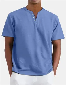 Detail view of a men's light blue Henley V-neck t-shirt with button closure.
