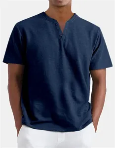 Front view of men's navy blue Henley shirt with V-neck button detail and soft cotton texture