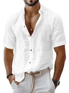Detailed macro view of white linen-blend short-sleeve shirt with natural textures