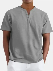 Casual grey short-sleeved Henley shirt for men featuring a V-neck and three button design