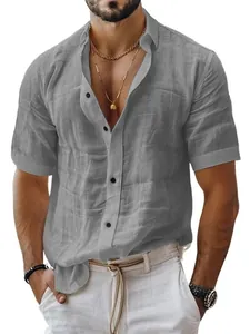 Detailed view of a men's grey cotton linen short sleeve shirt with lapel collar