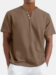 Casual men's short sleeve Henley shirt in brown color cotton with V-neck button detail