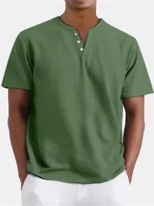 Classic men's green Henley short sleeve shirt featuring button V-neck detail and soft fabric