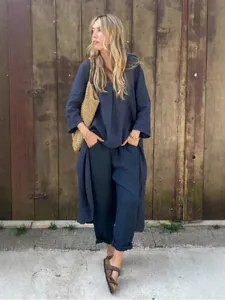 Dames Casual Linnen Elastaan Top En Bottom Effen Kleur Ronde Hals Lange Mouw Top Wijde Pijpen Broek Urban Stijl Loungewear Outfit