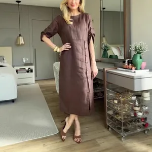 Vestito Donna Casual Manica Corta in Poliestere Tinta Unita Girocollo Largo con Spacco Midi Abito Estate Vacanza Moda