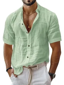 Close-up of men's casual light green short-sleeved linen shirt with textured fabric