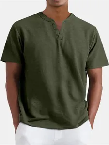 Men's olive green Henley V-neck short sleeve shirt in soft colored cotton fabric