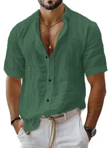 Casual men's short sleeve green linen shirt for summer outdoor wear with classic lapel collar