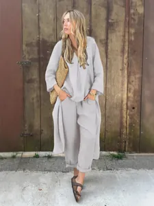 Dames vrijetijdsset van katoen en linnen met top met lange mouwen en losse broek grijs