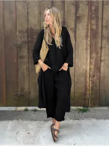 Casual dames tweedelige katoen linnen set met lange mouwen top en broek in zwarte kleur