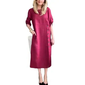 Abito midi bordeaux vestibilità comoda con bottoni laterali e tasche