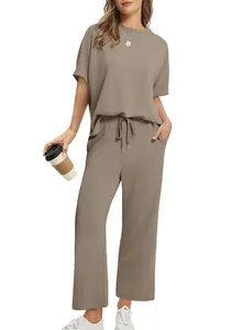 Detail view of casual two-piece summer set with short-sleeve top and wide-leg cropped pants