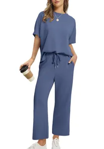 Detailed view of a blue summer lounge set with a short sleeve top and wide leg cropped pants