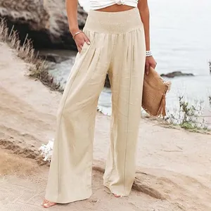 Vue détaillée du pantalon large beige à taille haute avec une ceinture élastique plissée
