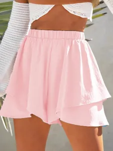 Women Summer Layered Ruffle Skort Casual High Elastic Waist Loose Skirt Shorts Solid Color Beach Vacation Fashion Bottom