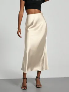Damen Eleganter Satin Hoch taillierter Rock Glänzender Seidiger Midi A-Linien-Rock Für Büro Party Pendeln Elegante Hosen