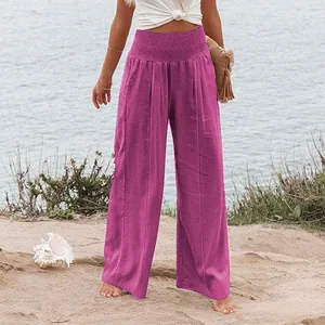 Pantalon large en lin magenta à taille haute élastiquée pour les vacances d'été