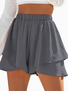 Casual grey women's skort shorts with high elastic waist and layered ruffle hem