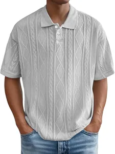Herren Vintage Strick-Poloshirt in Grau mit strukturiertem Rautenmuster Kurzarm.