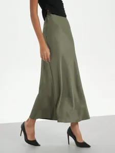 Elegant high waist satin midi skirt in olive green showing smooth texture and drape