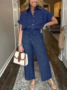 Completo a Righe da Donna Top e Pantaloni Camicia a Maniche Corte con Bavero Pantaloni a Gamba Larga in Poliestere