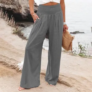 Pantalon large en lin gris décontracté avec une taille haute élastique confortable
