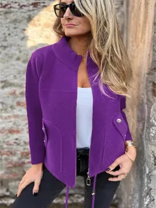Casual purple textured jacket with drawstring hem and faux pocket details