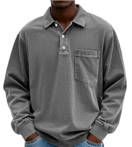 Close-up detail of men's casual long-sleeved washed polo shirt featuring a chest pocket