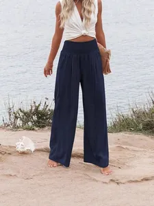 Pantalon décontracté bleu marine à jambes larges avec taille haute élastique froncée