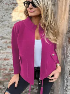 Elegant fuchsia women's casual wool blazer jacket with drawstring waist and lapel
