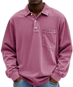 Detailed view of a vintage washed purple long sleeve polo shirt for men with pocket