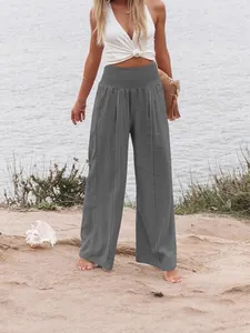 Pantalon décontracté élégant à taille haute, jambes larges et taille élastique en gris foncé