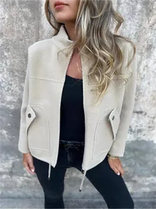 Women's casual autumn fleece jacket with drawstring and faux pockets in beige cream