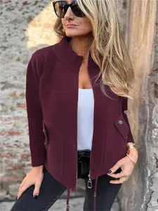 Women's burgundy fall winter fleece jacket with lapel collar and drawstring hem.