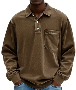 Close-up detail of men's casual brown long sleeve polo shirt with a front pocket