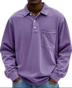 Vintage washed purple long sleeve polo shirt for men with button collar and pocket