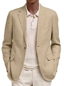 Close-up view of a men's beige linen casual blazer featuring a classic notched lapel design
