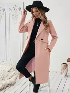 Manteau long élégant en laine rose clair avec col à revers pour femme mode hivernale
