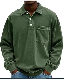Detailed view of olive green men's long-sleeve polo shirt with buttons and pocket.