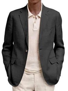 Detailed close-up of a men's dark gray linen blazer featuring a notch lapel design