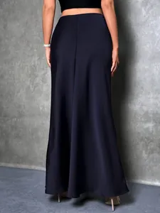 Back view of an elegant navy satin high-waisted maxi skirt with a graceful flare