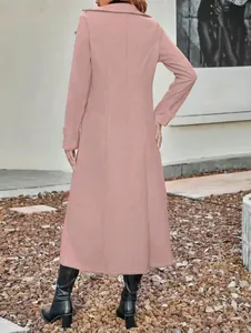 Detailed back view of a stylish long pink wool coat with a classic lapel collar