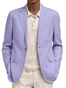 Close-up styling detail of a light purple men's linen blazer with a beige polo shirt