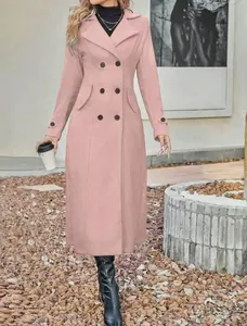 Long elegant pink double-breasted wool blend coat with lapel collar for autumn and winter