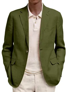 Detail of textured olive green linen blazer for a smart casual business look